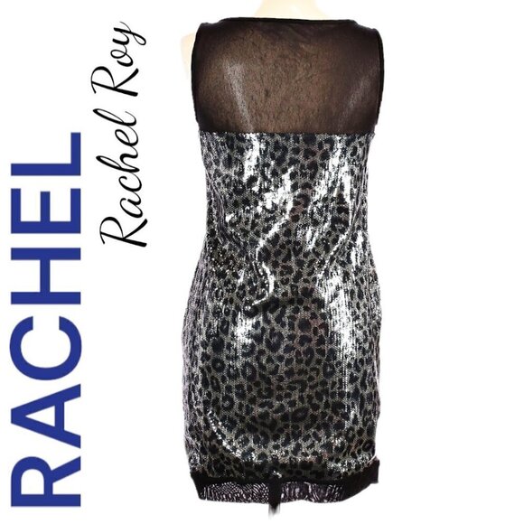 RACHEL RACHEL ROY Metallic Sequin Leopard Print Mini Cocktail Party Dress, Large - Picture 4 of 10